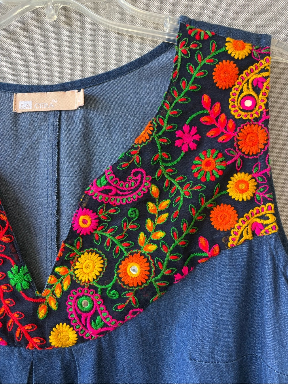 La Cera Embroidered denim Sleeveless Dress with Colorful Yoke size large pockets - Picture 3 of 6